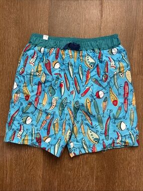 🎣 Mud Pie Teal & Bright Blue Fishing Lure Boys’ Swim Trunks | Size 4T-5T